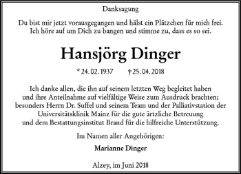 Traueranzeige von Hansjörg Dinger von Trauerportal Rhein Main Presse