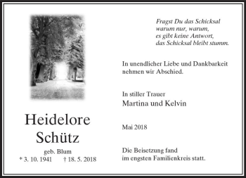 Traueranzeige von Heidelore Schütz von  Usinger Anzeiger
