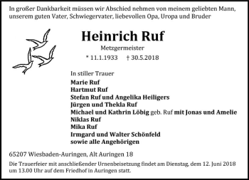 Traueranzeige von Heinrich Ruf von Trauerportal Rhein Main Presse