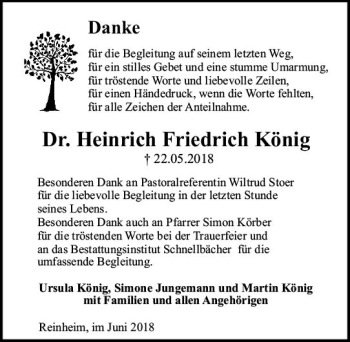 Traueranzeige von Heinrich Friedrich König von Trauerportal Rhein Main Presse