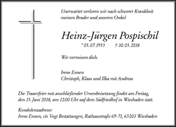 Traueranzeige von Heinz-Jürgen Pospischil von Trauerportal Rhein Main Presse