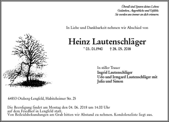 Traueranzeige von Heinz Lautenschläger von Trauerportal Rhein Main Presse