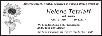 Traueranzeige von Helene Tetzlaff von  Kreisanzeiger