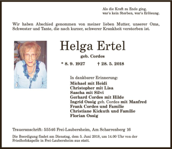 Traueranzeige von Helga Ertel von Trauerportal Rhein Main Presse