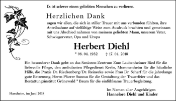Traueranzeige von Herbert Diehl von Trauerportal Rhein Main Presse