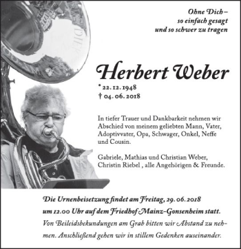 Traueranzeige von Herbert Weber von Trauerportal Rhein Main Presse