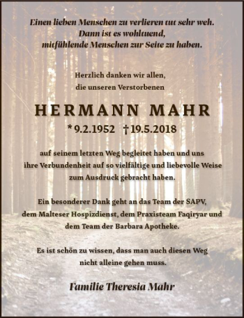 Traueranzeige von Hermann Mahr von Trauerportal Rhein Main Presse