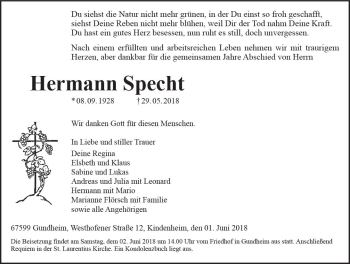 Traueranzeige von Hermann Specht von Trauerportal Rhein Main Presse