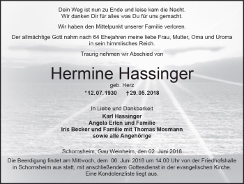 Traueranzeige von Hermine Hassinger von Trauerportal Rhein Main Presse