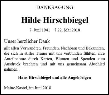 Traueranzeige von Hilde Hirschbiegel von Trauerportal Rhein Main Presse