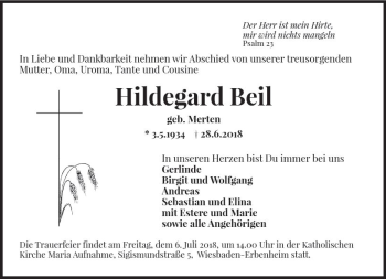 Traueranzeige von Hildegard Beil von Trauerportal Rhein Main Presse