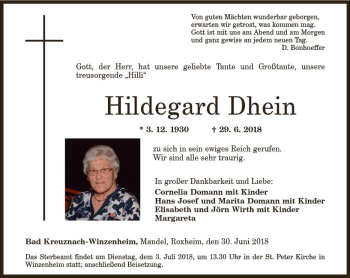 Traueranzeige von Hildegard Dhein von Trauerportal Rhein Main Presse