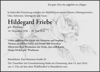 Traueranzeige von Hildegard Friebe von Trauerportal Rhein Main Presse