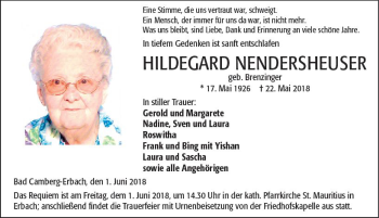 Traueranzeige von Hildegard Nendersheuser von  Camberger Anzeiger