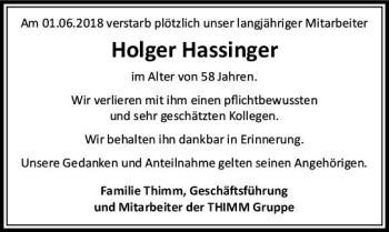 Traueranzeige von Holger Hassinger von Trauerportal Rhein Main Presse