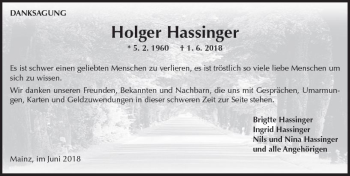 Traueranzeige von Holger Hassinger von Trauerportal Rhein Main Presse