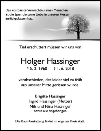 Traueranzeige von Holger Hassinger von Trauerportal Rhein Main Presse