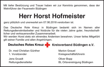 Traueranzeige von Horst Hofmeister von  Kreisanzeiger