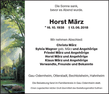 Traueranzeige von Horst März von Trauerportal Rhein Main Presse