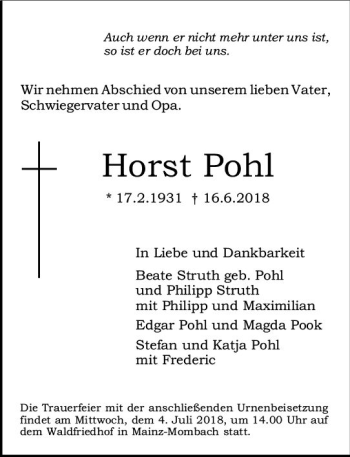 Traueranzeige von Horst Pohl von Trauerportal Rhein Main Presse