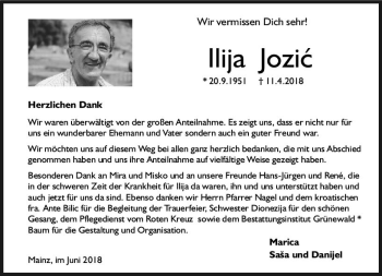 Traueranzeige von Ilija Jozic von Trauerportal Rhein Main Presse