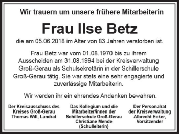 Traueranzeige von Ilse Betz von Trauerportal Rhein Main Presse
