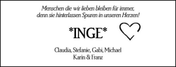 Traueranzeige von Inge  von Trauerportal Rhein Main Presse