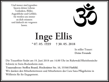 Traueranzeige von Inge Ellis von Trauerportal Rhein Main Presse