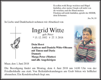 Traueranzeige von Ingrid Witte von VRM Trauer