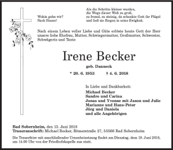 Traueranzeige von Irene Becker von Trauerportal Rhein Main Presse