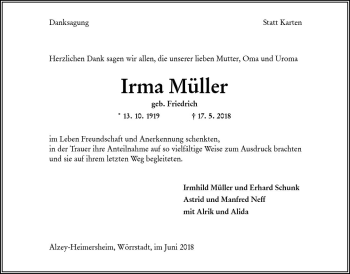 Traueranzeige von Irma Müller von Trauerportal Rhein Main Presse