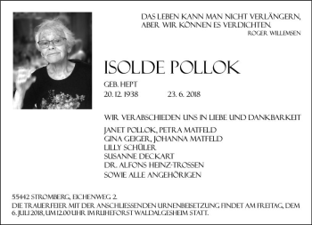 Traueranzeige von Isolde Pollok von Trauerportal Rhein Main Presse