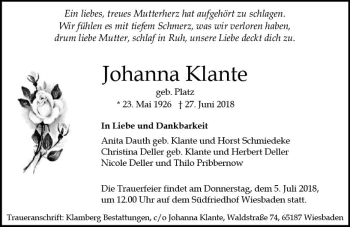 Traueranzeige von Johanna Klante von Trauerportal Rhein Main Presse