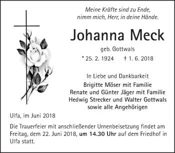 Traueranzeige von Johanna Meck von  Kreisanzeiger