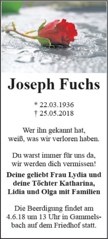 Traueranzeige von Joseph Fuchs von Trauerportal Rhein Main Presse