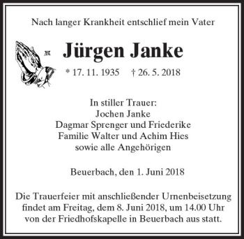 Traueranzeige von Jürgen Janke von  Camberger Anzeiger