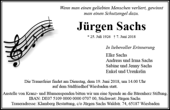 Traueranzeige von Jürgen Sachs von Trauerportal Rhein Main Presse