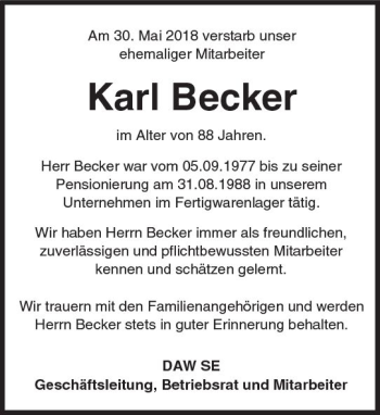 Traueranzeige von Karl Becker von Trauerportal Rhein Main Presse
