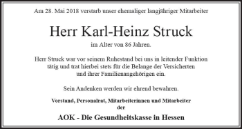 Traueranzeige von Karl-Heinz Struck von Trauerportal Rhein Main Presse
