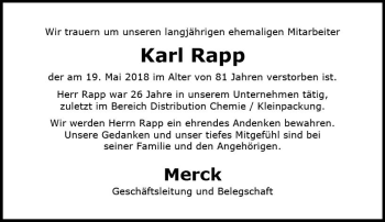 Traueranzeige von Karl Rapp von Trauerportal Rhein Main Presse