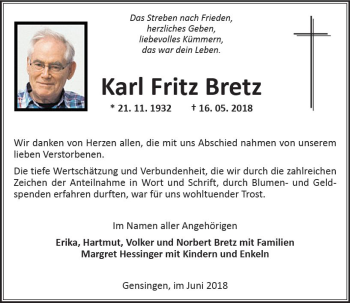 Traueranzeige von Karl Fritz Bretz von Trauerportal Rhein Main Presse