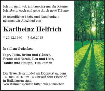 Traueranzeige von Karlheinz Helfrich von Trauerportal Rhein Main Presse