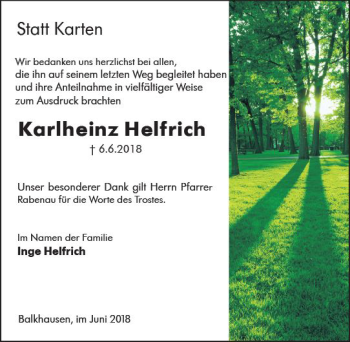 Traueranzeige von Karlheinz Helfrich von Trauerportal Rhein Main Presse
