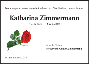 Traueranzeige von Katharina Zimmermann von Trauerportal Rhein Main Presse