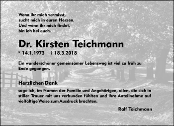Traueranzeige von Kirsten Teichman von Trauerportal Rhein Main Presse