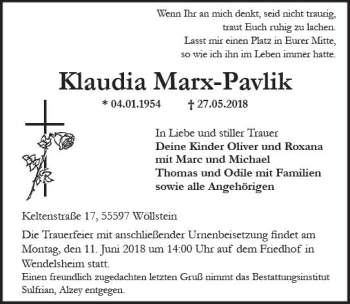 Traueranzeige von Klaudia Marx-Pavlik von Trauerportal Rhein Main Presse
