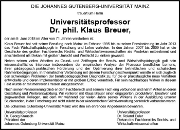 Traueranzeige von Klaus Breuer von Trauerportal Rhein Main Presse