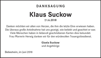 Traueranzeige von Klaus Suckow von Trauerportal Rhein Main Presse