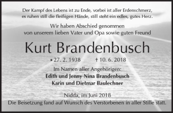 Traueranzeige von Kurt Brandenbusch von  Kreisanzeiger