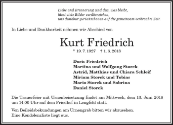 Traueranzeige von Kurt Friedrich von Trauerportal Rhein Main Presse